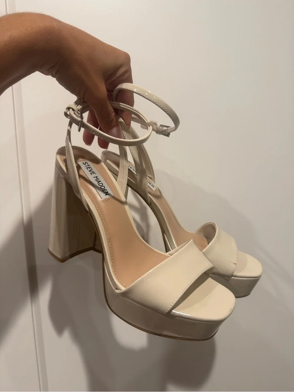 Steve Madden Ivory Patent Platform Sandals with Ankle Strap